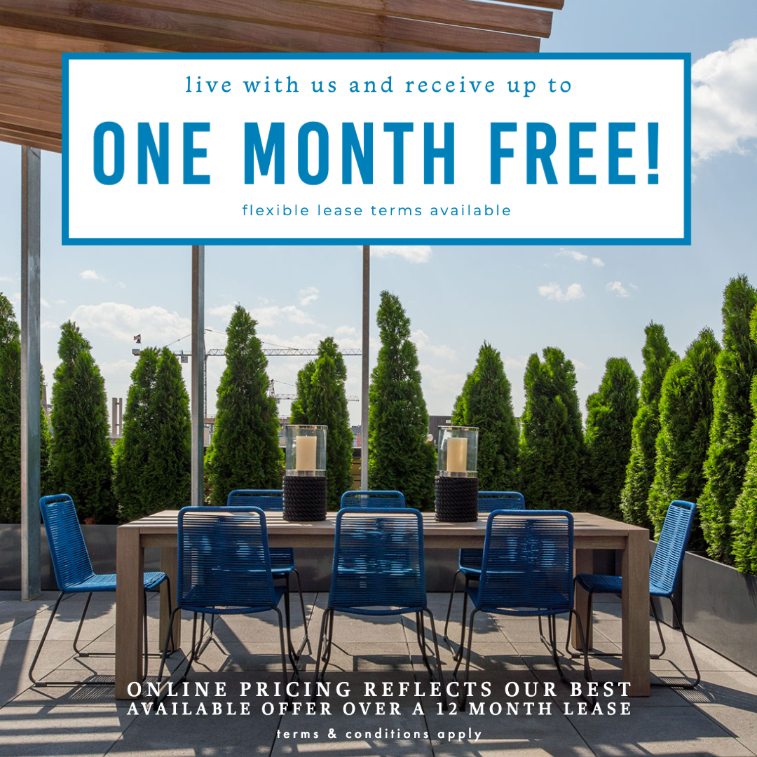 Live with us and receive up to one month free! Online pricing reflects our best offer over a 12 month lease term. flexible lease terms available. terms and conditions apply.