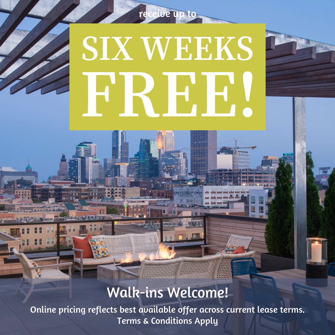 Receive up to Six Weeks Free! Walk-ins Welcome! Online pricing reflects best available offer across current lease terms. Terms & Conditions apply.